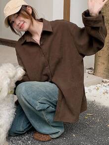 DAZY 女士纯色纽扣前长袖休闲上衣，日常休闲装，秋装 - 咖啡棕 - 查看 1