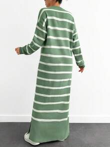 EURMUSE Striped Contrast Color Pullover Loose Knit Long Sleeve Sweater Dress - Mint Green - View 2