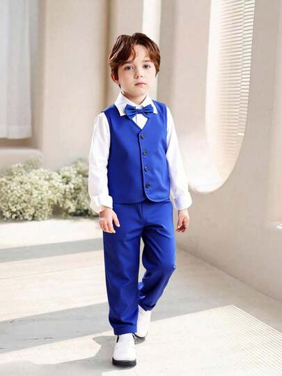 SHEIN 2 件儿童纹理闪亮梭织套装，包括缎面领无袖背心和裤子，适合学校、生日派对、婚礼、圣诞节、万圣节和其他正式场合，时尚、优雅、复古