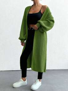 EURMUSE Cardigan long décontracté à manches longues et épaules tombantes de couleur unie pour femmes - Vert olive - Voir 4