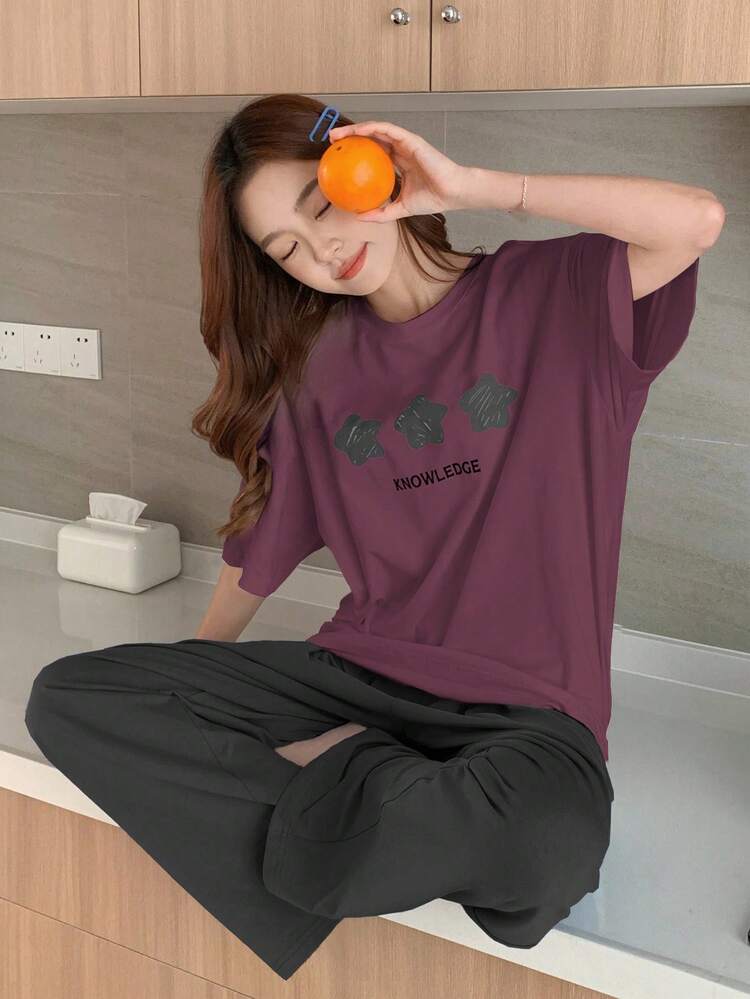 2pcs Women Casual Star Print Loose Fit Short Sleeve Top And Pants Pajama Set