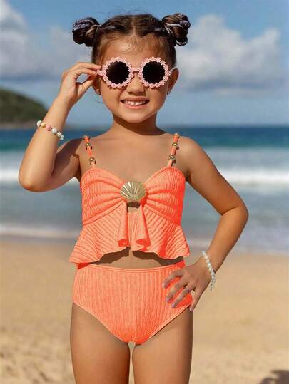 SHEIN 2pcs/Set Cute Solid Color Girls Swimsuit, Suitable For Beach, Vacation