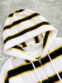 ROMWE MEN Prep Men's Striped Jacquard Cardigan, Men's Striped Knit Hoodie, Fall/Winter - White - View 3