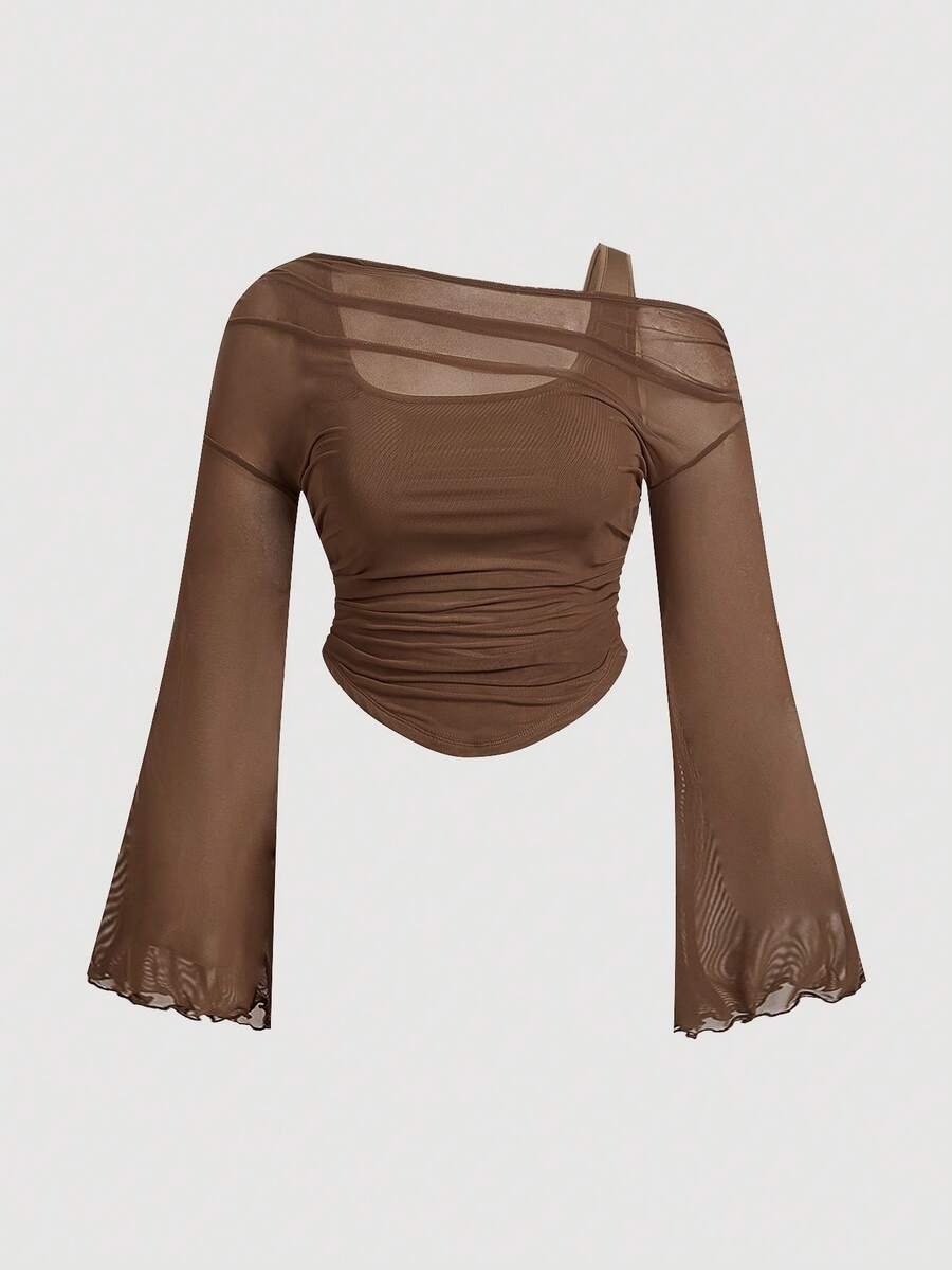 SHEIN MOD Áo thun tay dài dệt kim màu trơn cổ bất đối xứng cỡ lớn bằng lưới xếp nếp - màu nâu - Xem 1