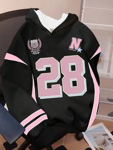 青少年女孩休闲简约时尚运动别致球衣，28 号印花，黑色宽松舒适连帽运动衫，适合秋冬季