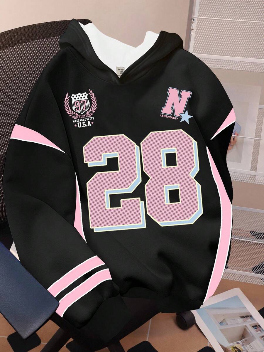 青少年女孩休闲简约时尚运动别致球衣，28 号印花，黑色宽松舒适连帽运动衫，适合秋冬季