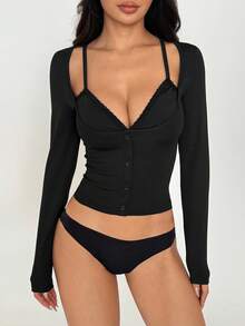 FavEase 1 件女式 V 领蕾丝边纽扣二合一长袖 T 恤，修身，适合日常、通勤、休闲、性感、约会 - 黑色 - 查看 3