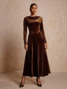 Vesra Women's Elegant Plunging Neck Long Sleeve Velvet Dress Long Brown Dress - Coffee Brown - View 4