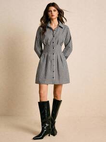 Poéselle 女式休闲水洗格子束腰前扣连衣裙，秋季 - 軍綠色 - 查看 2