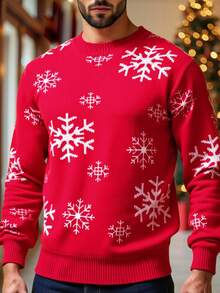 EASEVO Plus Size Men's Casual Snowflake Pattern Sweater, Autumn/Winter - Red - View 1