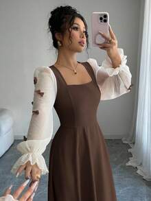 Modelyn 女式蝴蝶结装饰腰部收紧梭织拼布连衣裙 - 棕色 - 查看 6