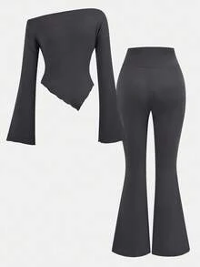 SHEIN Girlism 青少年女孩 2 件套休闲浅灰色褶皱长袖修身针织上衣和喇叭裤套装，适合居家和户外，旅行装机场，休闲日常装女孩服装套装全套服装套装灰色女孩服装 - 深灰色 - 查看 2