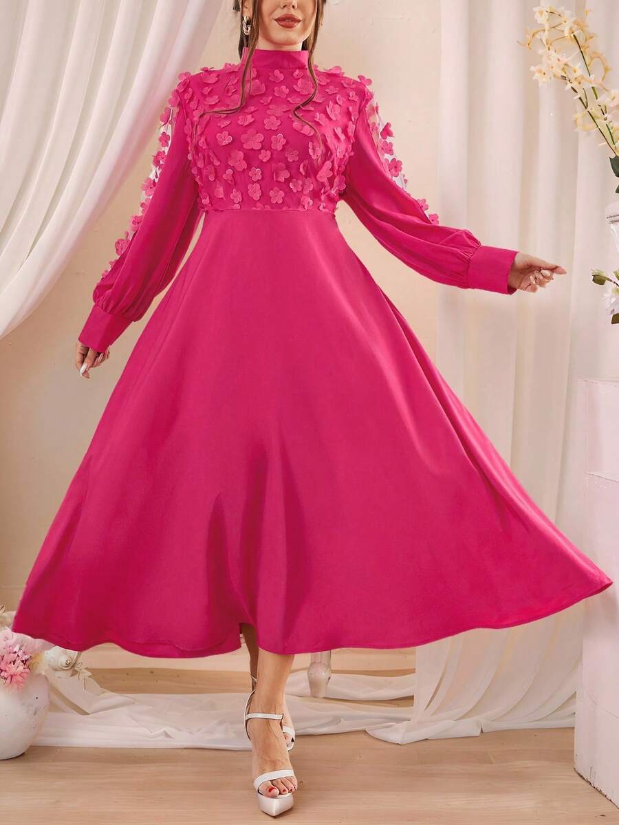 SHEIN Clasi Plus Size Solid Color 3D Floral Decor Stand Collar Long Sleeve Minimalist Dress Maxi Women Outfit - Hot Pink - View 1