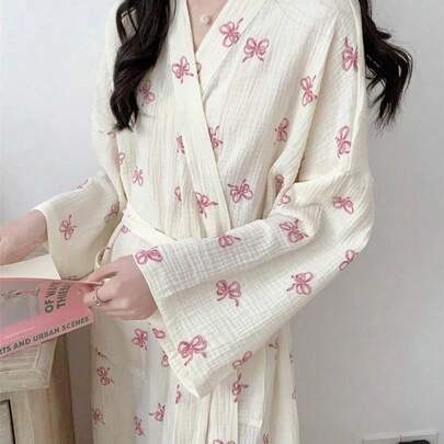 1件套女士春秋韩版简约舒适浴袍睡衣粉色蝴蝶结休闲宽松家居服睡衣速干吸汗浴袍适合泡温泉情侣款浴袍