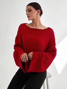 EURMUSE Woman Solid Color Boat Neck Rib Knit Long Sleeve Sweater,Jumper,Cream Jumper,Jumpers For Women,Jumpers,Black Jumper,Womens Jumper,White Jumper,Women's Jumper,Women's Jumpers,Winter Clothes - Red - View 5