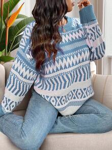 EURMUSE Plus Size Casual Christmas Geometric Pattern Plus Size Pullover Sweater For New Year Clothes - Baby Blue - View 7