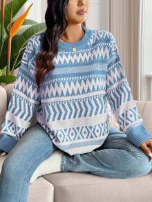 EURMUSE Plus Size Casual Christmas Geometric Pattern Plus Size Pullover Sweater For New Year Clothes - Baby Blue - View 9