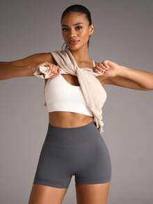 SHEIN BAE Women's Sports Shorts With Ruched Waist, Sexy Lifting, Yoga & Fitness Elastic & ComfortableWomen Sweat Short, Gym Short, Biker Short - Dark Grey - View 8