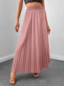 Women's Solid Color Elastic Waist Pleated Long Casual Skirt