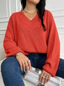 EURMUSE Plus Size Solid Color V-Neck Casual Pullover Sweater - Burnt Orange - View 3