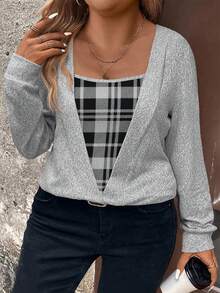 EMERY ROSE Plus Size Plaid Print Patchwork Black Knit Long Sleeve Sweatshirt, Soft Knit, Winter, Fall - Multicolor - View 6