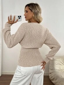 Easowa New Autumn Casual Dropped Shoulder Cinched Waist Elegant Cardigan For Women Metal Button Sweater Women's Winter Sweater New Year Clothes Women Sweater,Cozy Fall And Winter Clothes For Women - Apricot - View 5