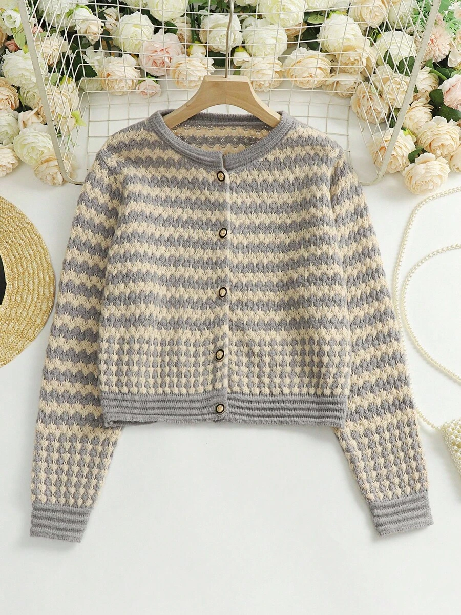 SHEIN LUNE Casual Colorblock Striped Knit Cardigan, Autumn/Winter - Grey - View 1