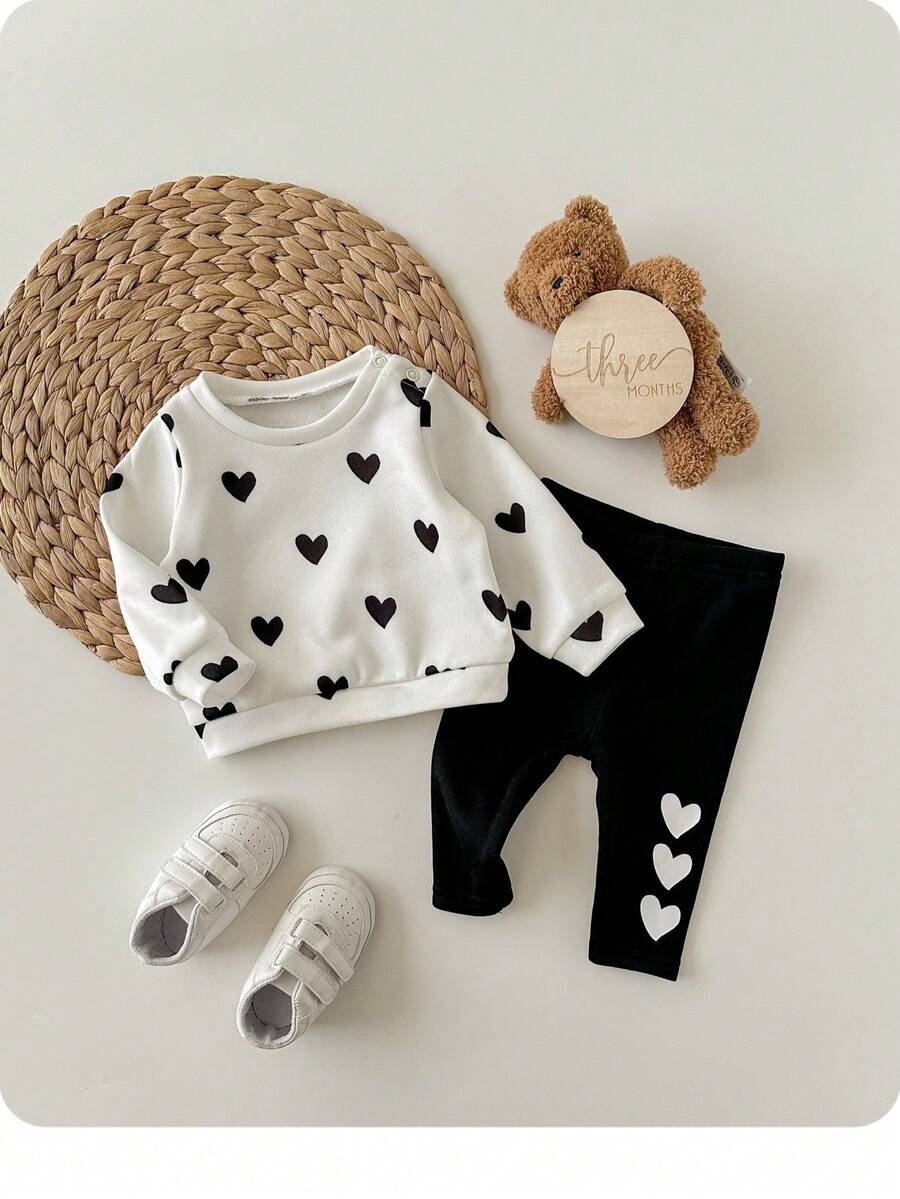 新生女婴可爱休闲针织心形图案长袖运动衫和裤子套装