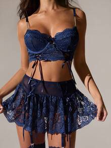 SHEIN BAE 5件套蕾丝浪漫性感内衣套装女士外出万圣节角色扮演万圣节服装 - 藏蓝色 - 查看 7