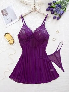 SHEIN Plus Size Lace Splicing Mesh Sleeveless Dress Wireless And Thong Set, 2pcs - Red Violet - View 5
