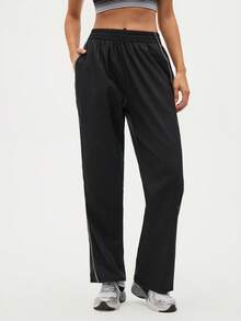 Gameset SHEIN Sport 女士时尚休闲斜口袋松紧腰运动裤 - 黑色 - 查看 3