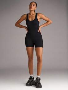 SHEIN BAE Macaquinho Esportivo com Costuras Invisíveis de Malha Canelada, Conjunto de Tênis Feminino, Conjunto de Ginástica Feminino - Preto - Visão 8