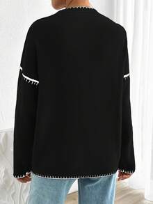 EURMUSE Women Solid Color Deep V-Neck Handmade Stitch Detailed Cardigan - Black - View 2