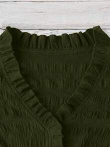 Linhara CURVE Plus Size Women's Solid Color Textured V-Neck Ruffle Hem Long Sleeve Loose Casual Top, Soft And Comfortable Fabric, Suitable For Everyday Wear