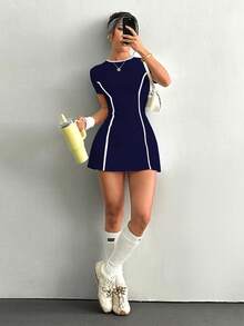 Dewbera Vestido Esportivo Branco de Manga Curta com Shorts e Bolso para Celular, Ajuste Slim, para Treino de Tênis Feminino - Azul Marinho - Visão 4