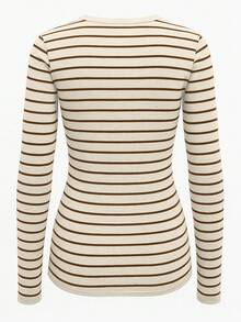INAWLY Women's Casual Button Half Placket V-Neck Striped Long Sleeve T-Shirt - Apricot - View 2