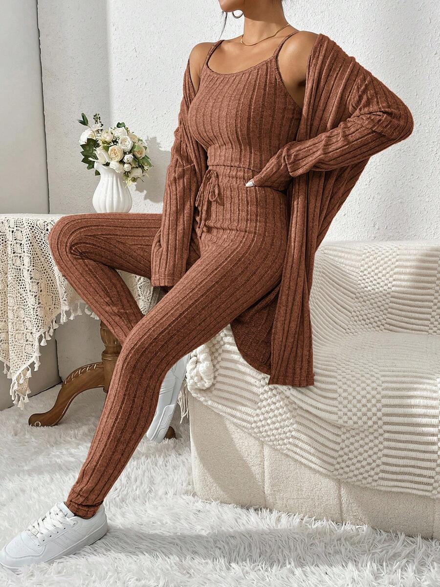 SHEIN Essnce Bộ 3 món áo hai dây gân trơn màu + áo khoác dài tay + quần buộc dây phía trước dành cho nữ - Màu nâu  Mocha - Xem 1