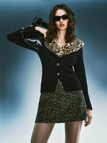 Airlisse Women's Y2K Casual Fashionable Street Leopard Print Patchwork Fur Collar Fitted Cardigan, Autumn