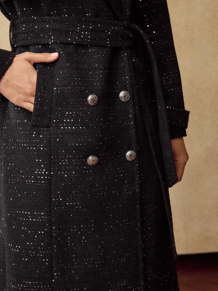 WOMEN'S SEQUIN EMBELLISHED TWEED LONG TRENCH COAT, AUTUMN/WINTER
