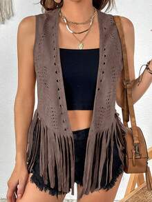 SHEIN VCAY Plus Size Women Western Style Hollow Design Fringe Hem Open Front Vest Jacket - Mocha Brown - View 1