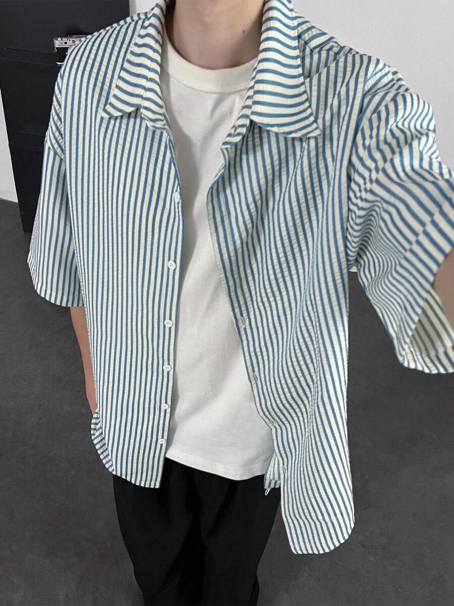 Claim Dot Men's Striped Short Sleeve Casual Loose Button-Down Shirt