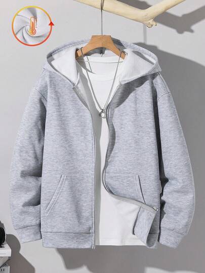 SHEIN Teen Boy Solid Color Long Sleeve Zip-Up Casual Fleece Sweatshirt, Autumn/Winter