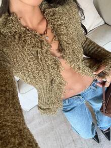 Aloruh Young Lady Sexy Floral Mesh Fringe Splice V-Neck Tight Ribbed Textured Long Sleeve Sweater For Women, Autumn/Winter - Olive Green - View 3