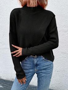 EMERY ROSE Women's Solid Color Stand Collar Drop Shoulder Long Sleeve Casual Pullover Sweater, Autumn/Winter - Black - View 5