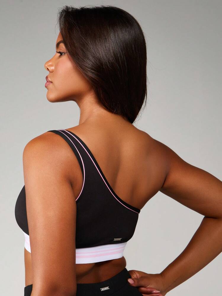 Missguided x Playboy One Shoulder Sports Bra High Impact Support Compression Athletic Workout Top With Ribbed Band Moisture Wicking Fitness Running Yoga Pilates Medium Support Gym Exercise