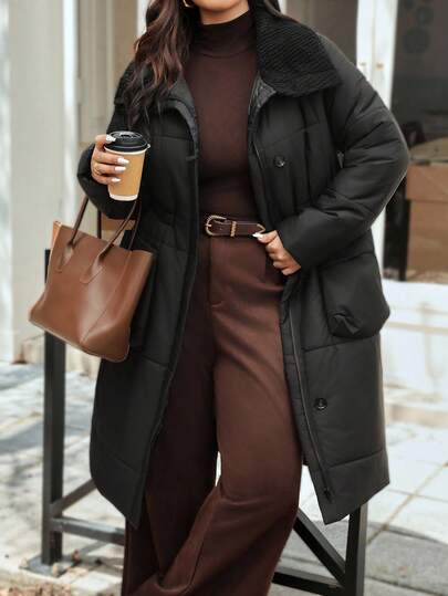 Vionelle 大码女式秋冬防风立领仿毛领长袖拉链收腰中长款口袋羽绒服，优雅复古休闲风