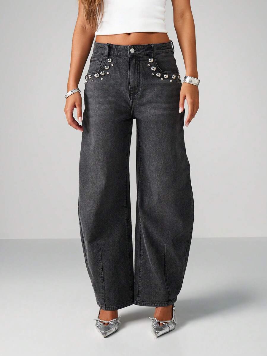 MISSGUIDED Quần jean ống rộng cạp cao đính đinh tán kim loại màu bạc, túi hộp, cắt thùng, quần denim thu đông - màu đen - Xem 1
