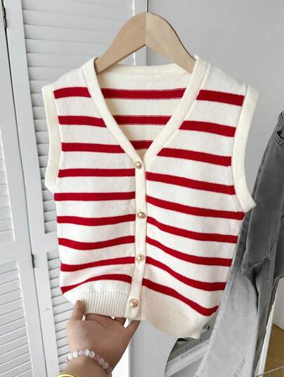 SHEIN Suéter sin mangas con cuello en V, decoración de hebilla metálica, de rayas, minimalista y cómodo, para niñas preadolescentes, ropa de otoño e invierno para mujeres