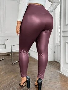 SHEIN VCAY Plus Size Solid Color High Waist Slim Fit Pants, Suitable For Commuting - Dusty Pink - View 2