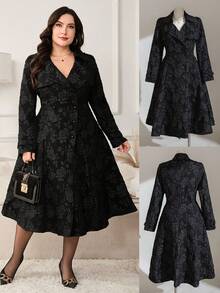 Reflora Plus Size Elegant Vintage Black 3D Rose Jacquard Waist Flare Dress Coat, 1950s Princess Style Waist Coat, Casual Chic Commuter Black Coat, Autumn Coat, Trench Coat, Black Trench Coat, Princess Coat, Fall Coat, Rose Coat, Floral Coat, Women's Winter Coat, Halloween Clothes For Women,  Fall Clothes For Women, Autumn Outfits For Women,Halloween Costumes, Halloween Costume, Halloween Clothes
